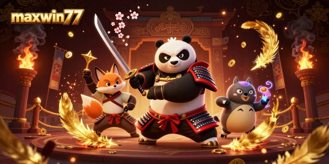 Experience thrilling wins at maxwin77 with our lively 3D illustration of a samurai panda and friends.