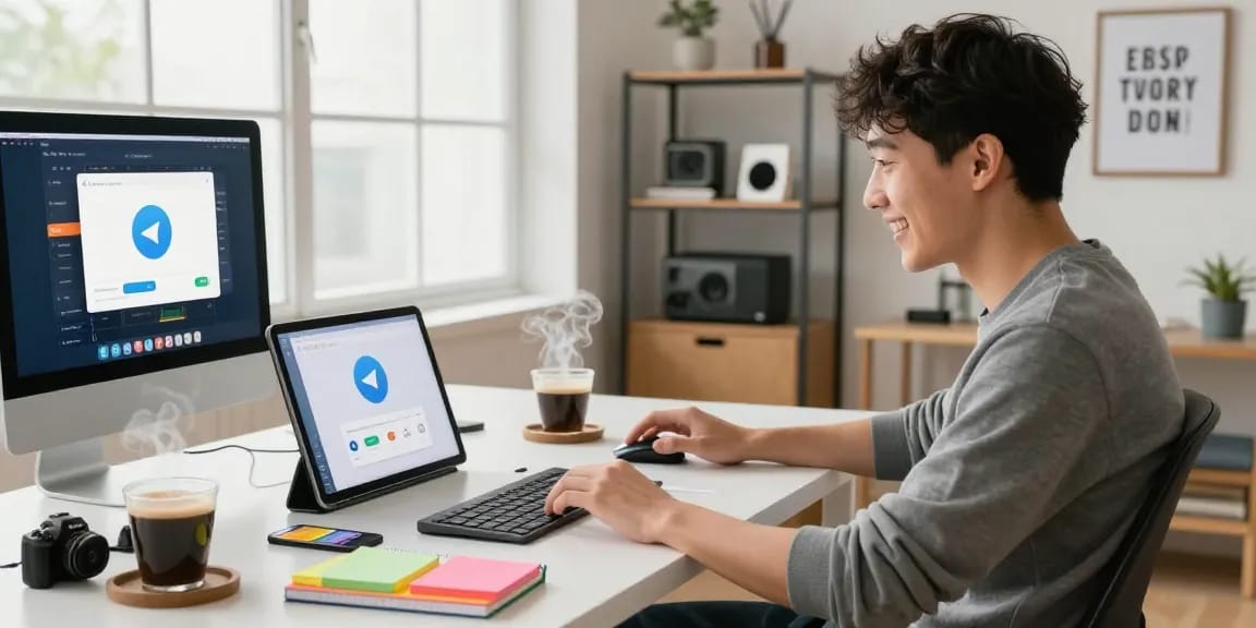 Download Telegram app on a vibrant home office workspace with tech elements visible.