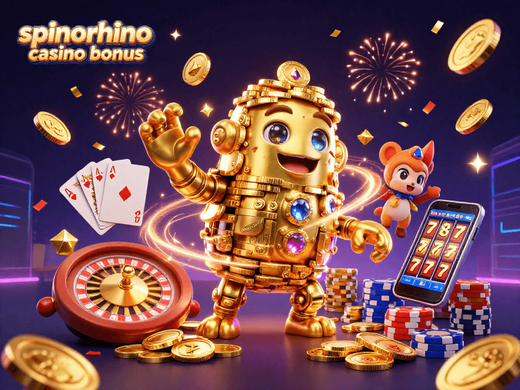 Speel de SpinoRhino casino bonus met een activerende golem van gouden munten en dynamische spelelementen.