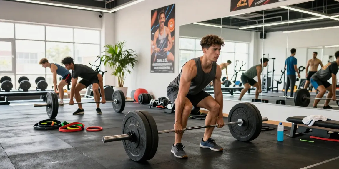 Atleet in Unique Pharma Steroïden Winkel tijdens gewichtheffen, energieke gym sfeer met planten en motivatie post.