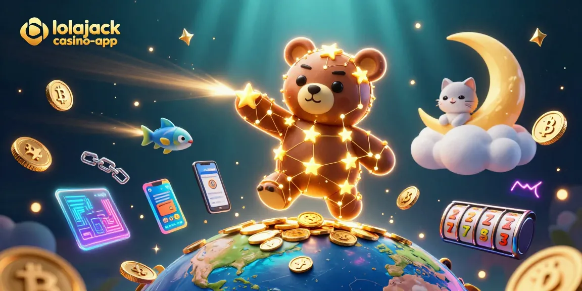 Experience the thrill with lolajack casino-app as golden constellation bear scoops coins amidst vibrant gaming elements.