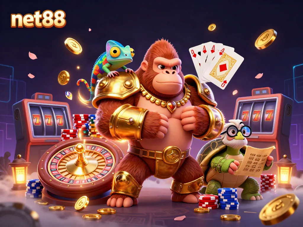 Experience net88's vibrant casino action with a powerful gorilla, chameleon, and wise tortoise amid dynamic games.
