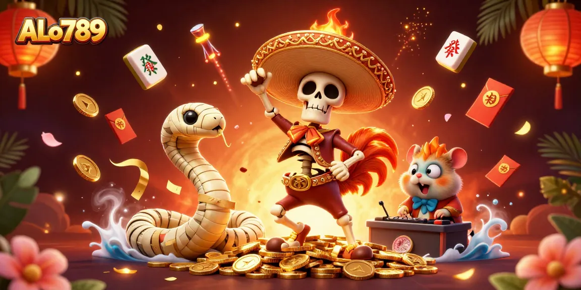 Experience thrilling ALO789 cockfighting battles with vibrant characters and gold coins!
