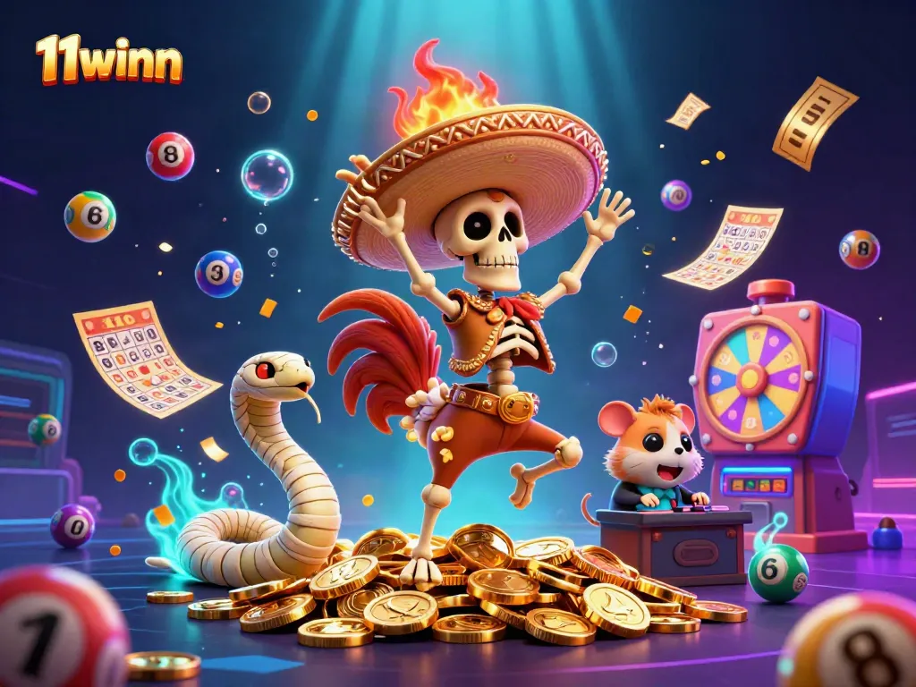 Experience the excitement of 11winn with vibrant casino characters and lottery elements in a lively 3D scene.