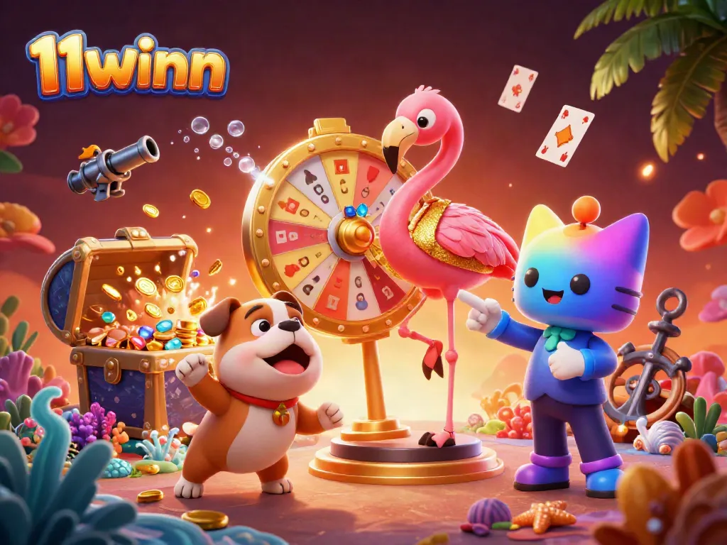 Experience thrilling casino action with 11winn's vibrant characters and dynamic elements in a colorful scene.