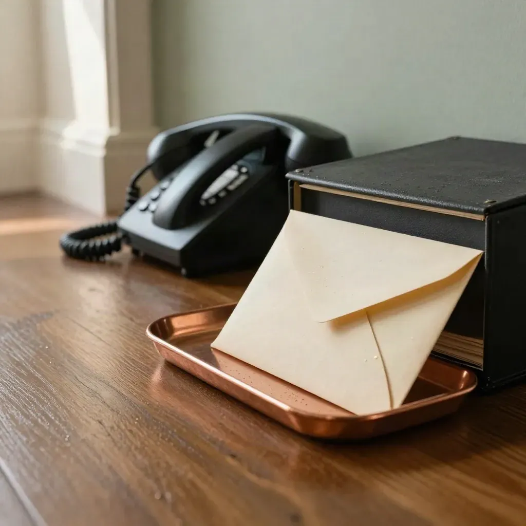 Donkere incasso-omgeving met enveloppen, telefoon en dossierkoffer in vochtig ochtendlicht.