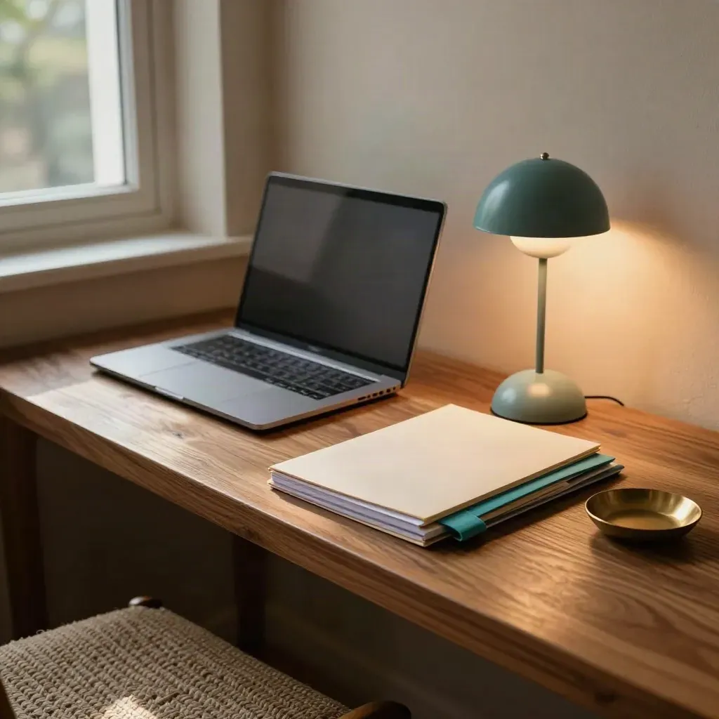 Stille freelance werkhoek met gesloten laptop, notitieblokken, dossiermap en teal lamp.