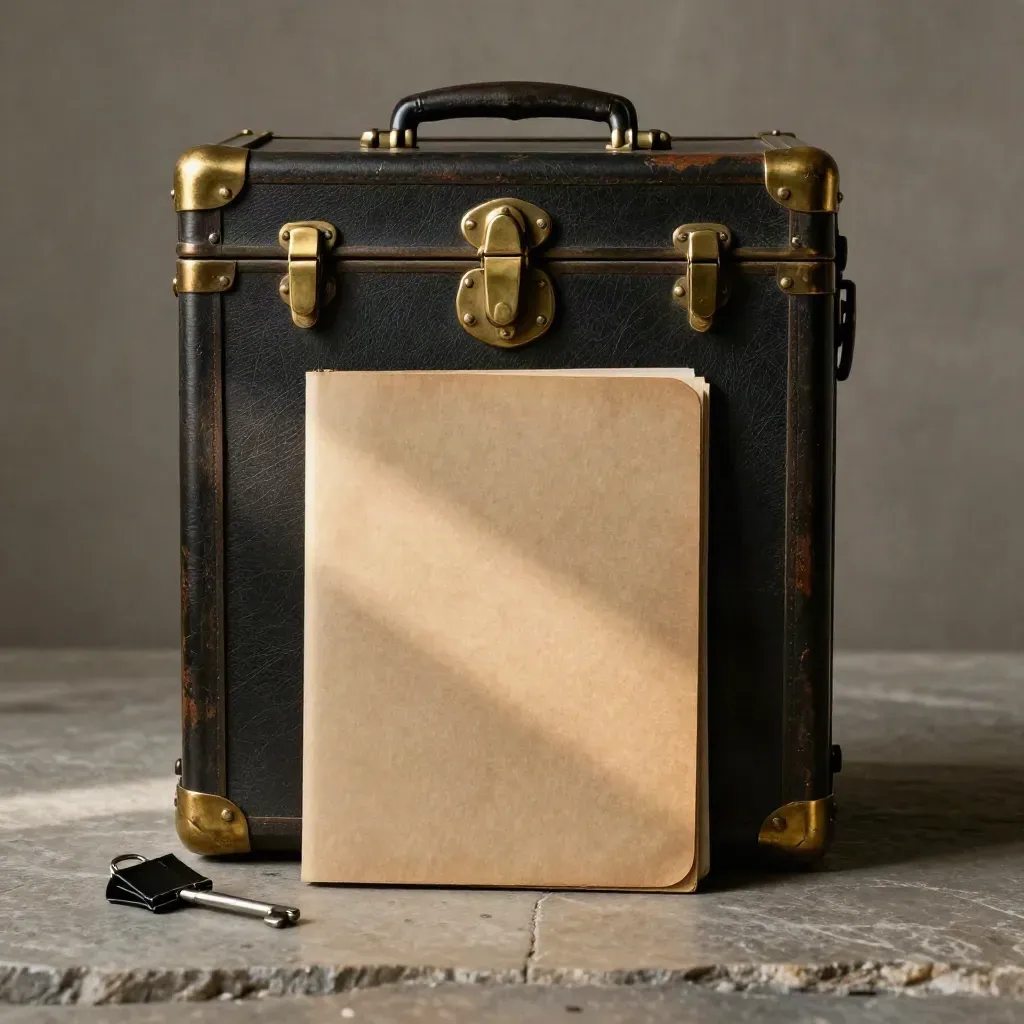 Donkere archiefkoffer met dossier, clip en sleutel op stenen ondergrond in dramatisch licht.