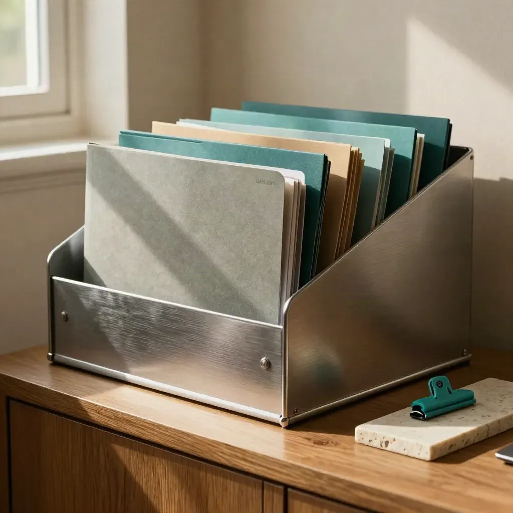 Metalen dossierbak met gekleurde tabs op een kalkstenen plank in zacht kantoorlicht
