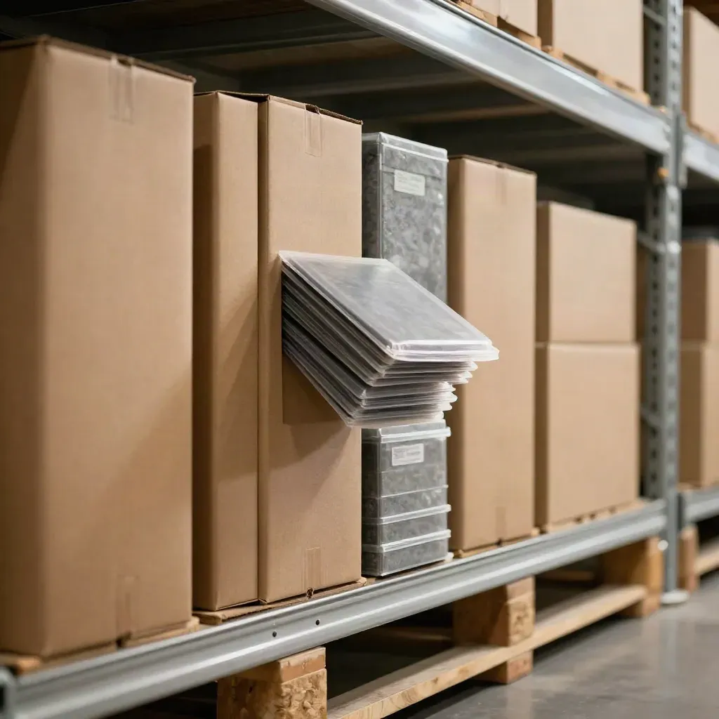 Magazijnplank met gesloten dozen en verzegelde transporthoezen in rustige, stabiele cashflow-sfeer.