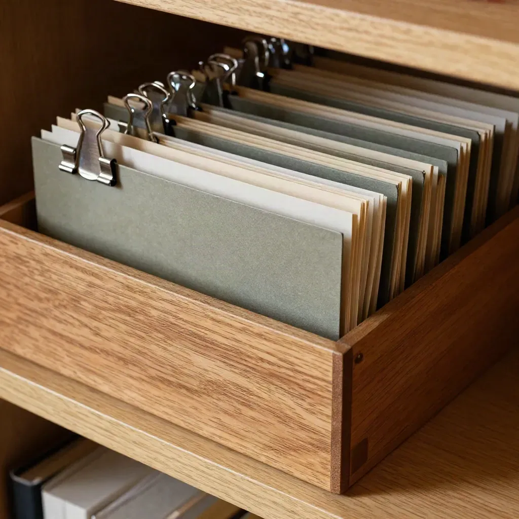 Archieftray met mappen, metalen klemmen en houten vakken in teal accent.