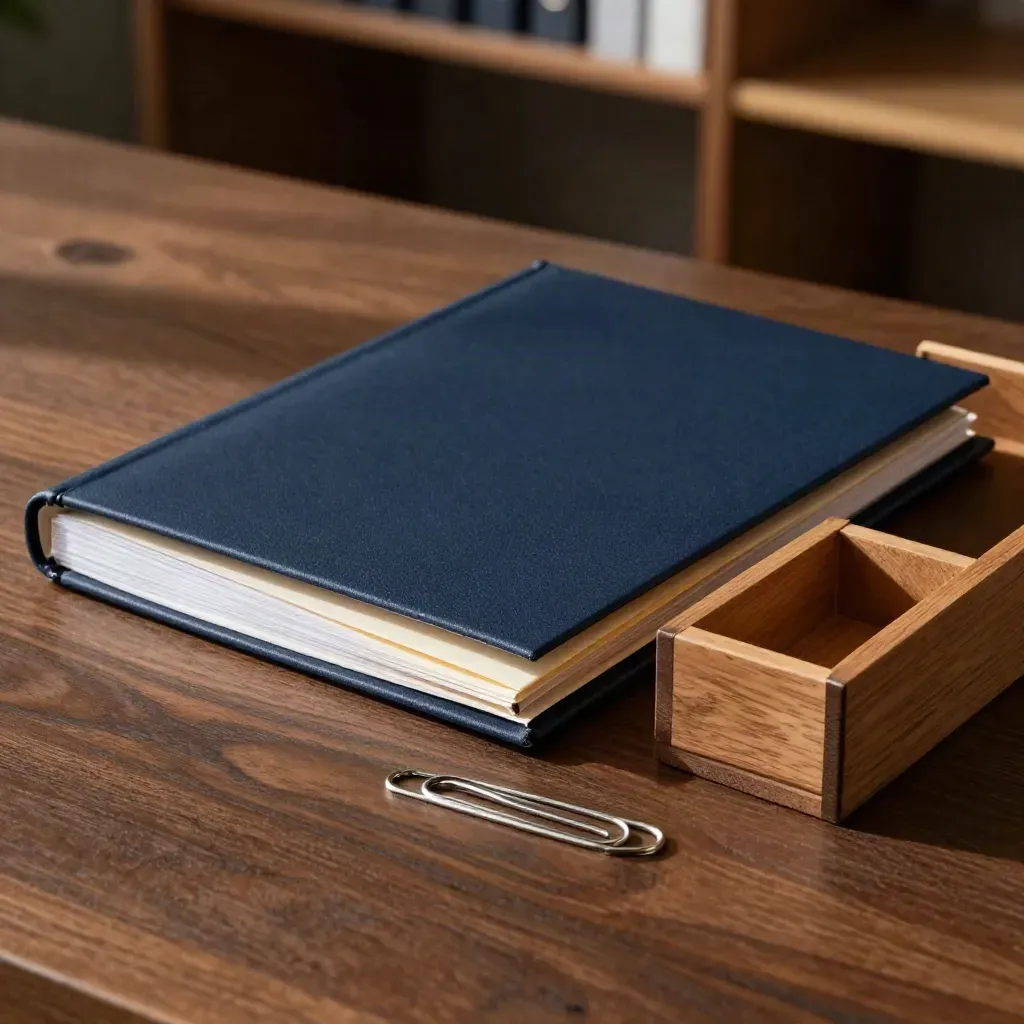Gesloten dossiermap, envelop, paperclip en ladeverdeling op donker hout in zacht licht