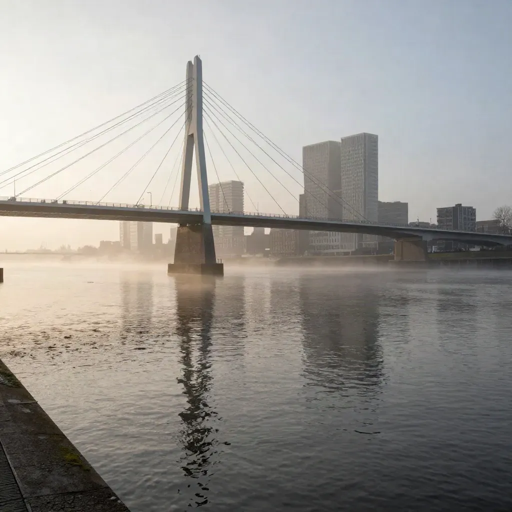 De Erasmusbrug hoog boven de Maas in ochtendmist, met rustige wateroppervlakte als kopieerruimte.