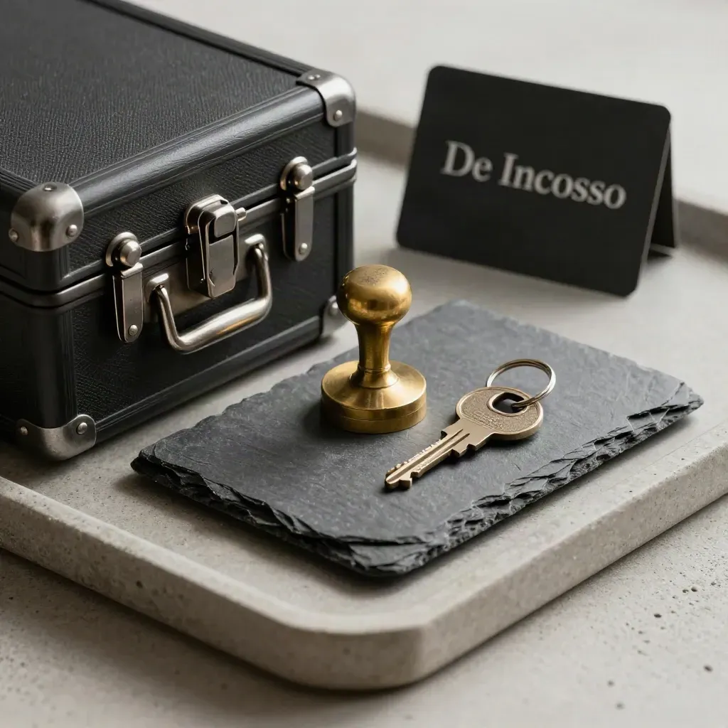 Donkere archiefkoffer met zegelstempel, binderclip en sleutelring op stenen tray.