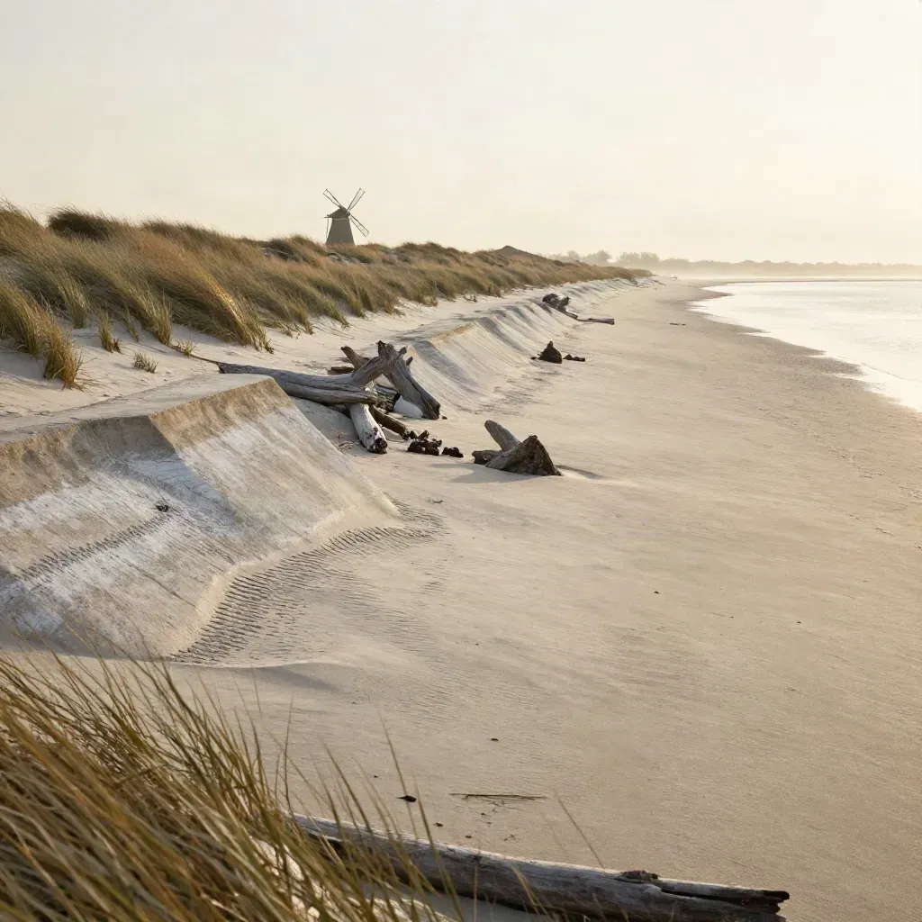 Noord-Hollandse kust met lage dijk, verre windmolen en warm mistig water.