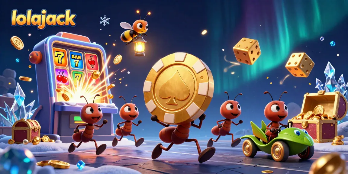 Engaging scene of lolajack with cartoon ants performing a heist in a vibrant casino atmosphere.