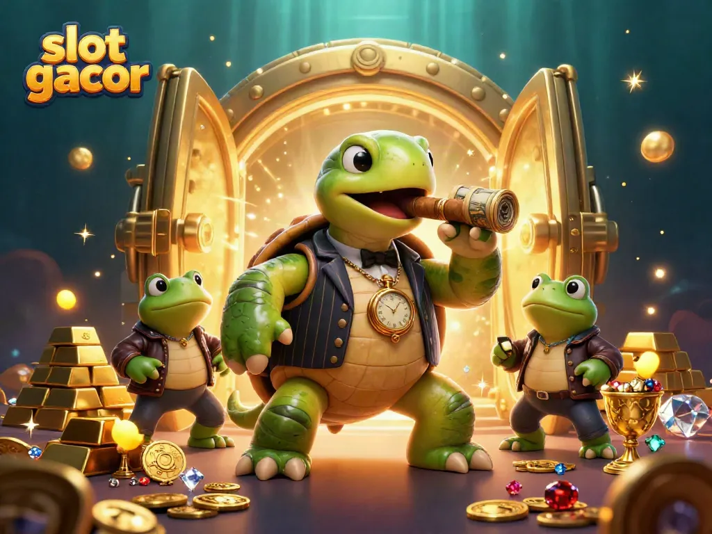Experience the excitement of slot gacor with a vibrant 3D casino illustration featuring a snapping turtle and bullfrog enforcers.