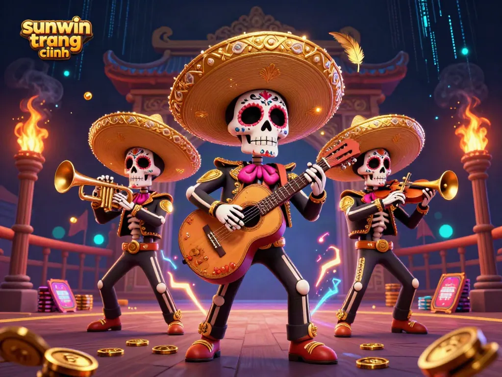 Experience the vibrant energy of sunwin trang chính with a lively mariachi band amidst a dynamic casino scene.