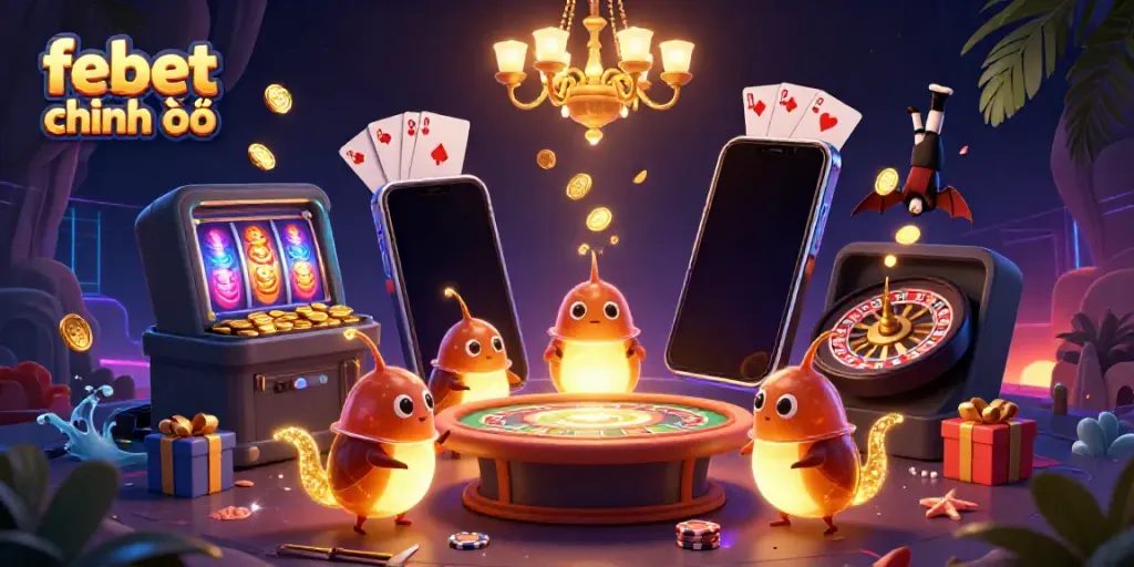 Experience febet chính thức in a vibrant, immersive cave casino scene where glowworms light up a dazzling gaming environment.