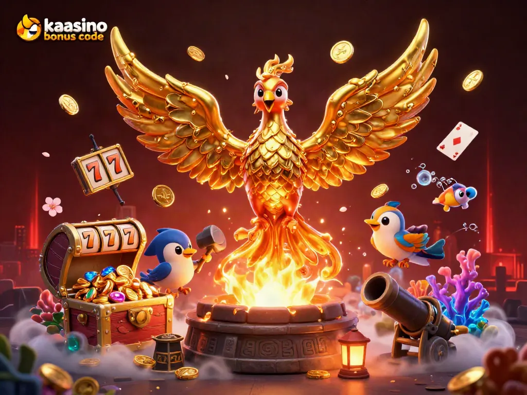 Kaasino bonus code showcasing a 3D golden phoenix emerging from a forge, surrounded by vibrant casino elements.