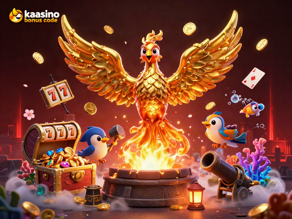 Kaasino bonus code showcasing a 3D golden phoenix emerging from a forge, surrounded by vibrant casino elements.