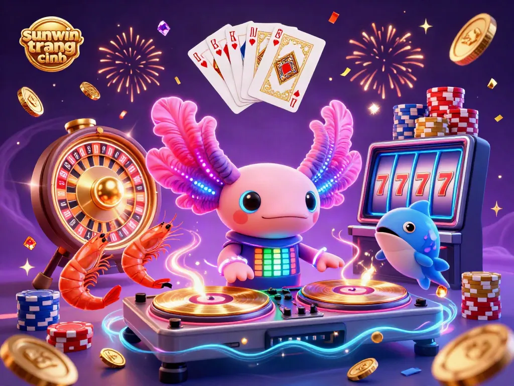 Experience excitement at sunwin trang chính with vibrant casino-themed illustration featuring a neon axolotl DJ.