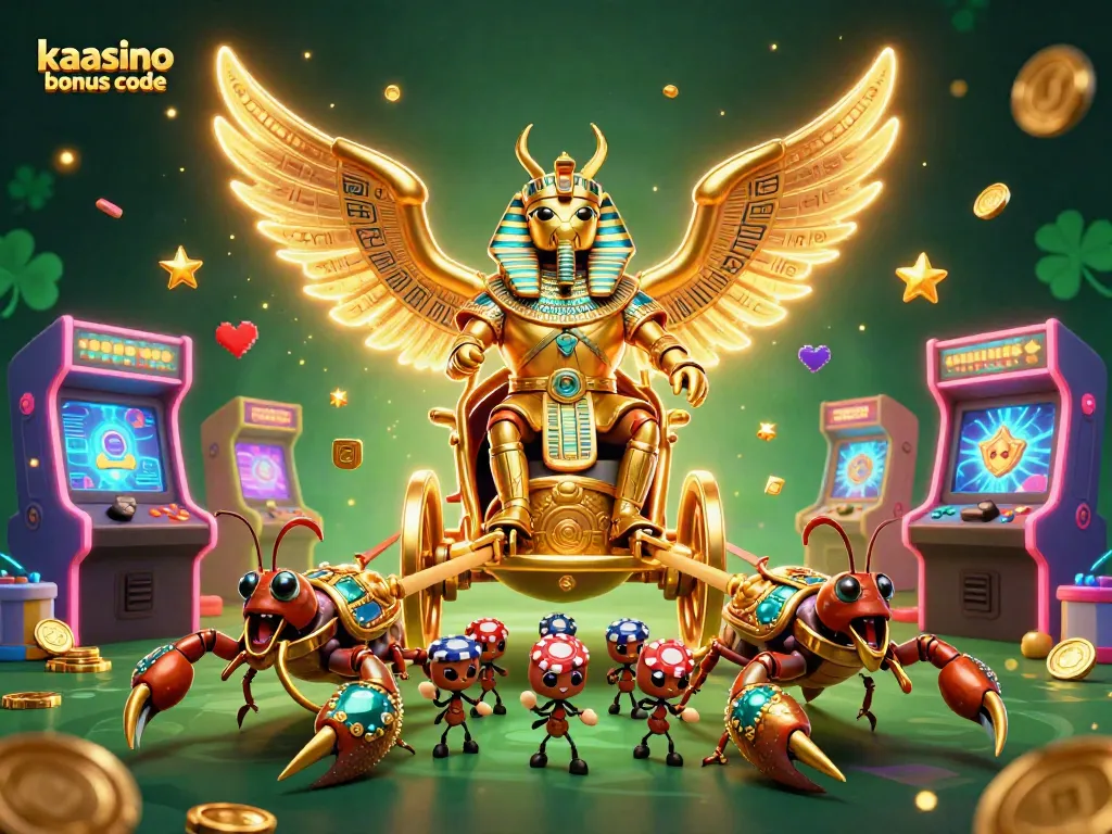 Kaasino bonus code displayed amid a vibrant 3D casino scene featuring a golden scarab chariot and poker chips.