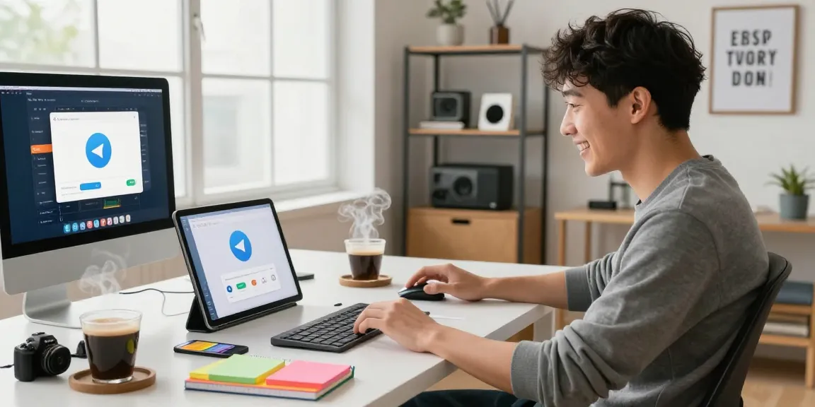Download Telegram app on a vibrant home office workspace with tech elements visible.