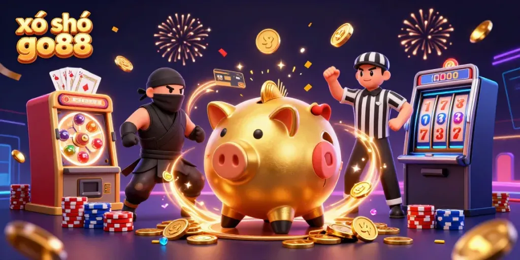 Experience excitement with xổ số go88 in this dynamic illustration featuring engaging casino elements and characters.