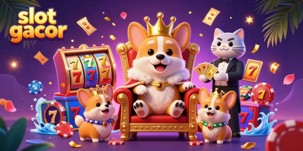 Experience the excitement of slot gacor with this vibrant 3D illustration of a royal corgi on a poker chip throne, surrounded by colorful jackpots.