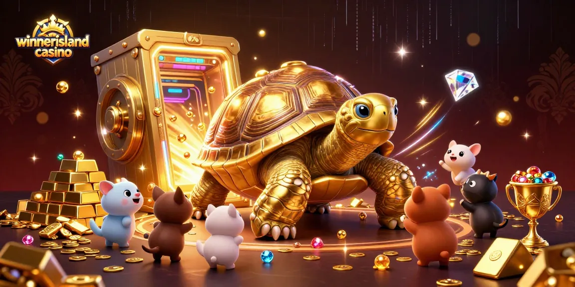 Experience thrilling gameplay at winnerislandcasino with a vibrant illustration of a colossal tortoise and treasures.