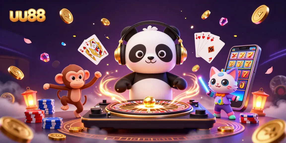 Experience the thrill of uu88 with a vibrant scene featuring a DJ panda, monkey, and kitten in a lively casino atmosphere.
