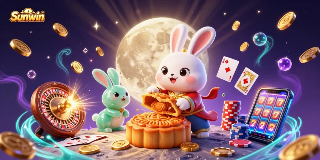 Experience exciting wins with Sunwin in this vibrant 3D illustration filled with casino elements.