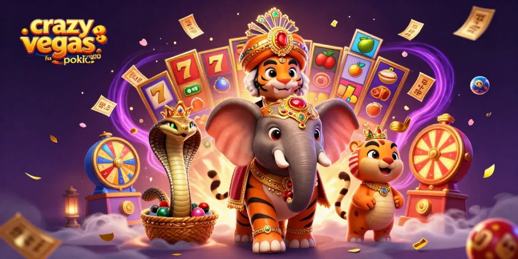 Spin and win at crazyvegas.com for exciting pokies, featuring a vibrant 3D casino scene with dynamic slot elements.